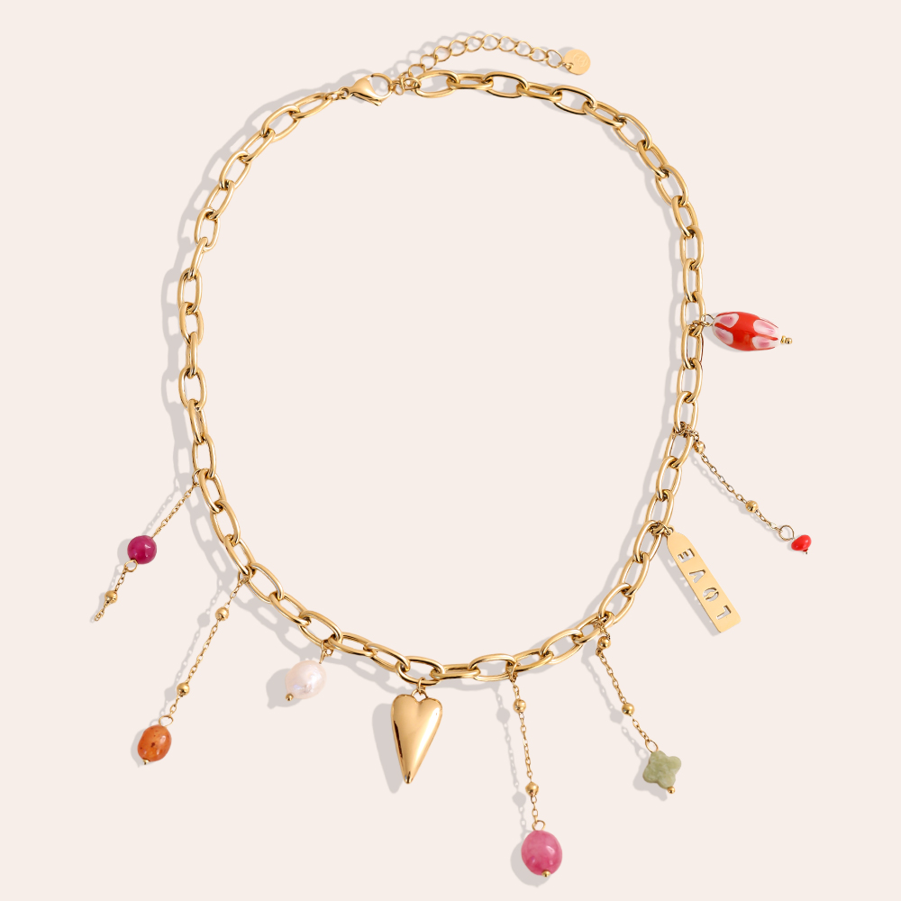 40cm Beads Perlen Herz Love Edelstahl Halskette