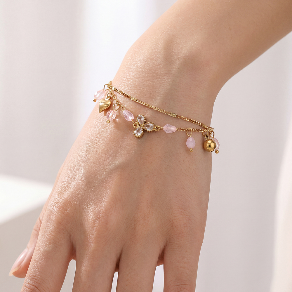 Edelstahl Armband 17cm doppellagiges mit Strasssteinen und Glas