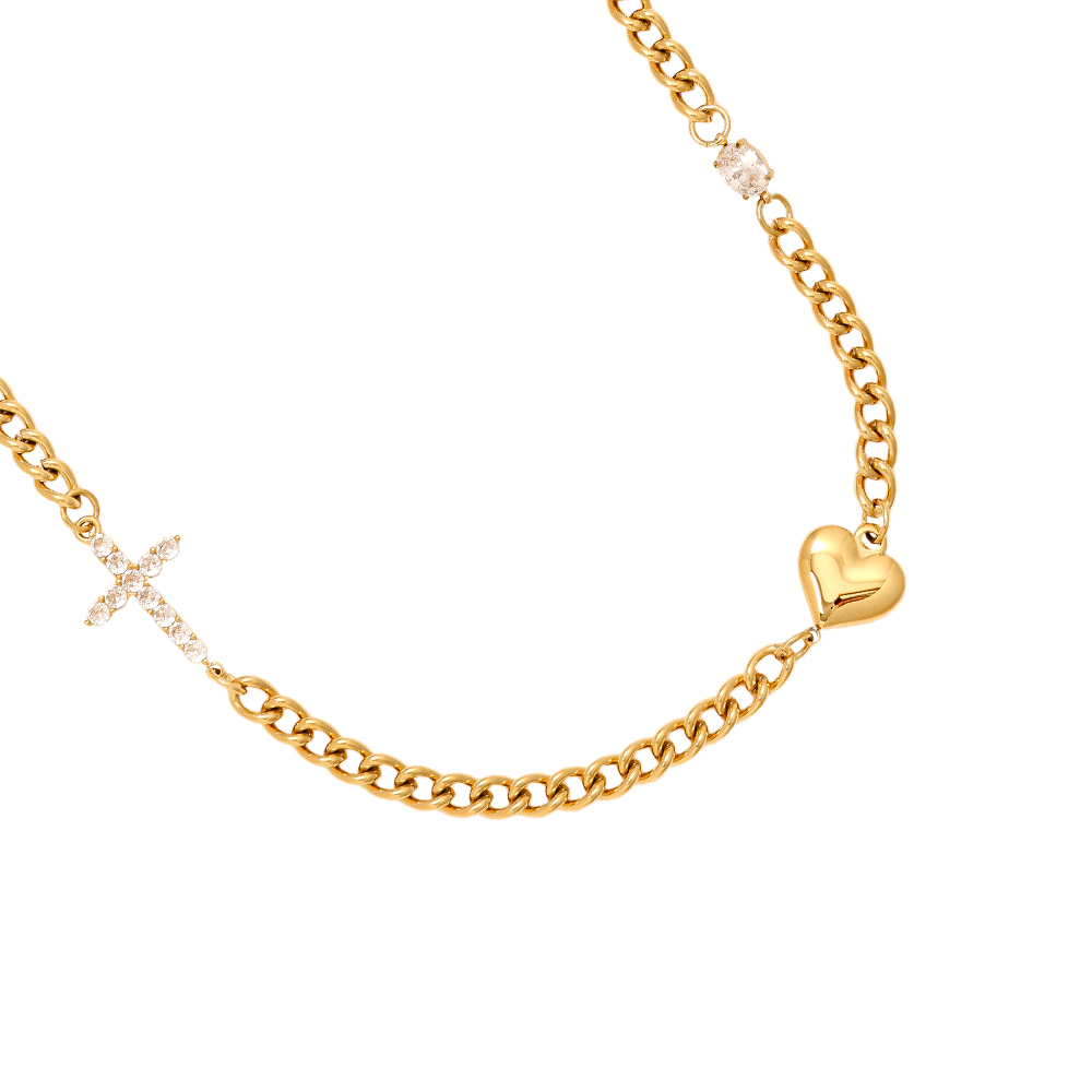 45cm Heart And Diamond Cross Edelstahl Halskette        