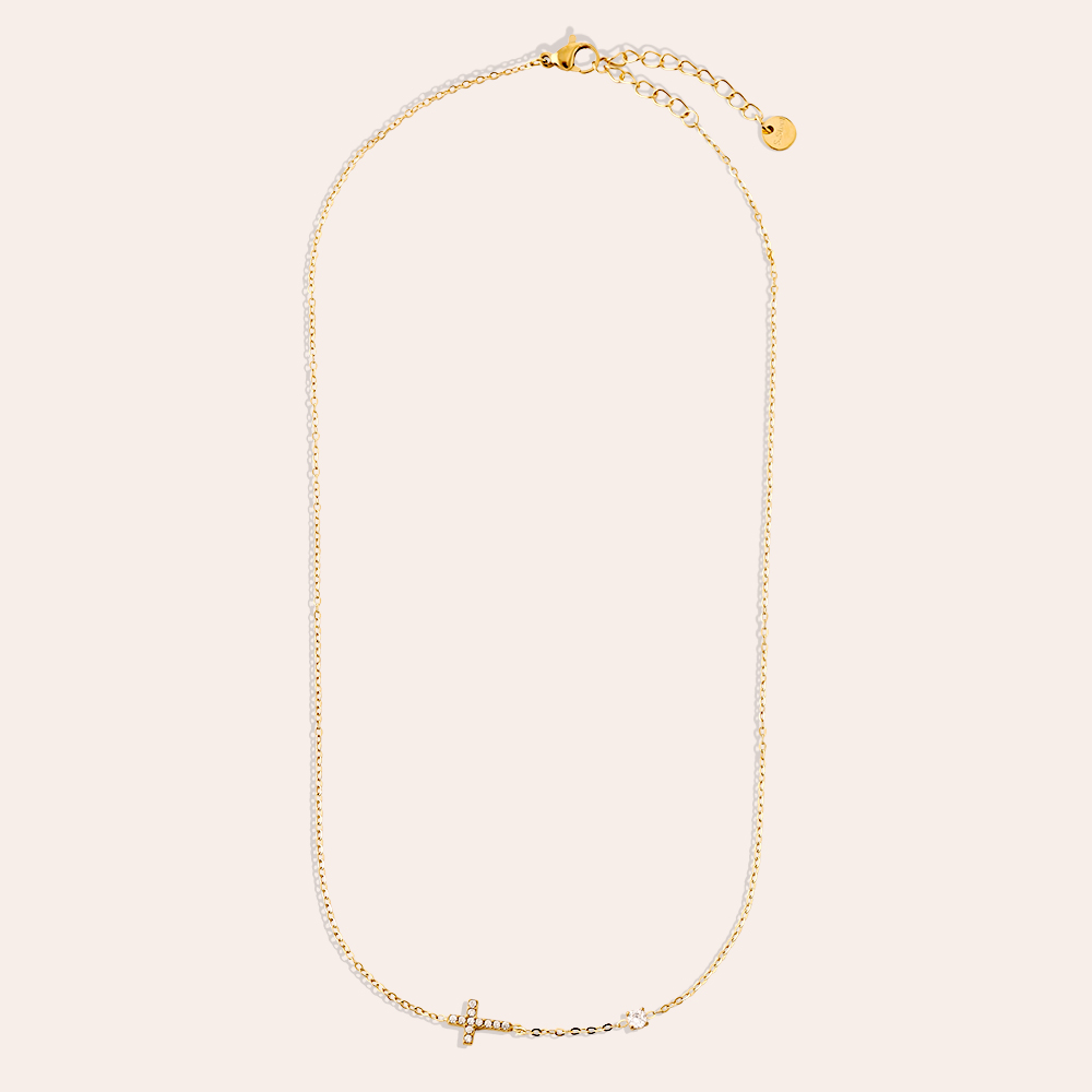 40cm Cross And Diamond Dot Edelstahl Halskette   