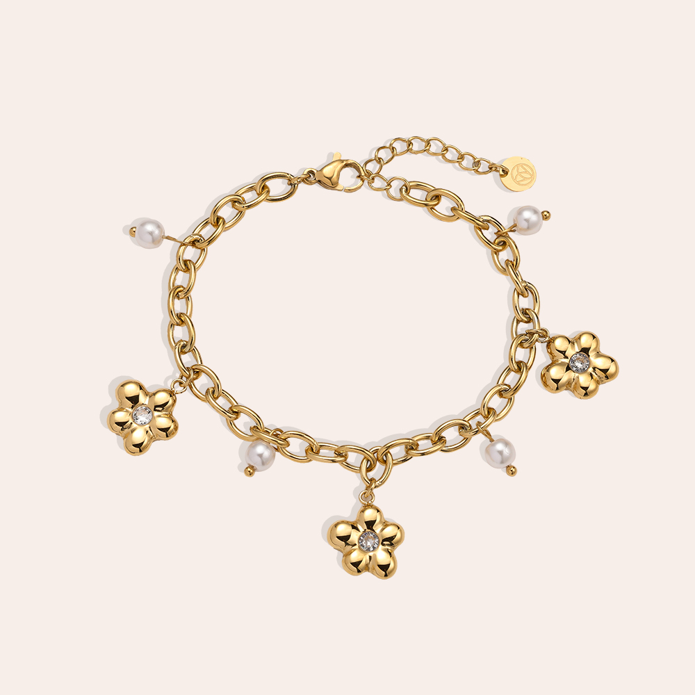 16cm Pearl Flower Diamond Edelstahl Armband