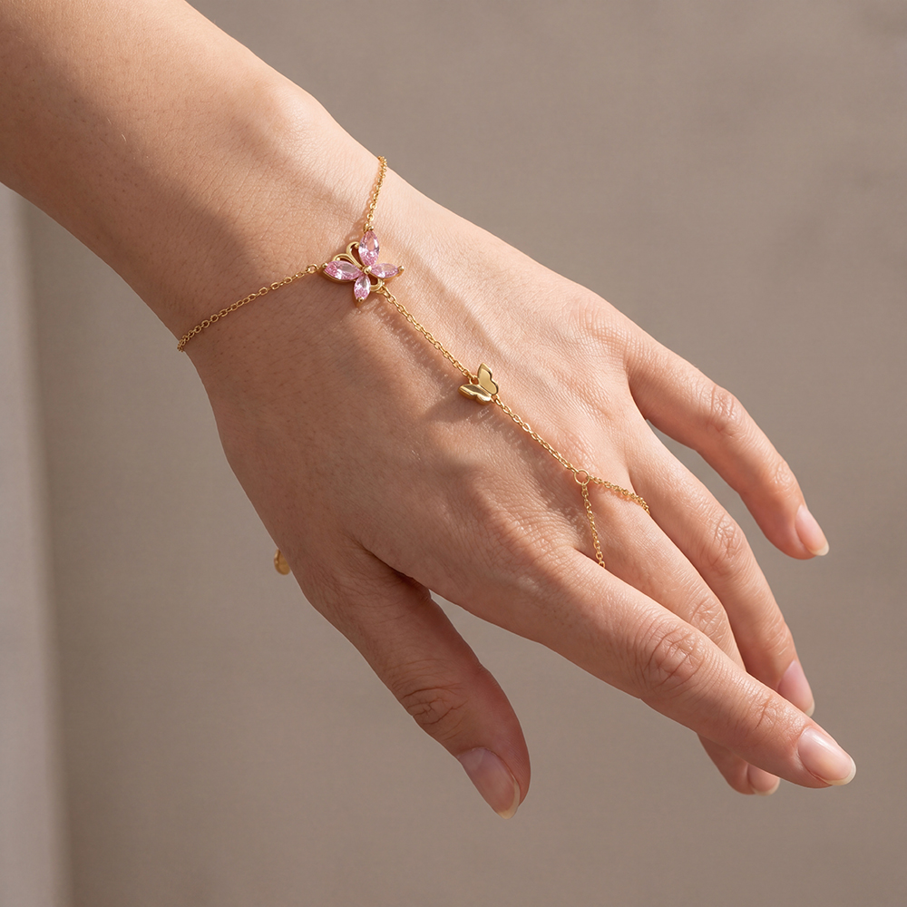 16cm Rosa Zirkonia Schmetterling Handkette Edelstahl Armband    