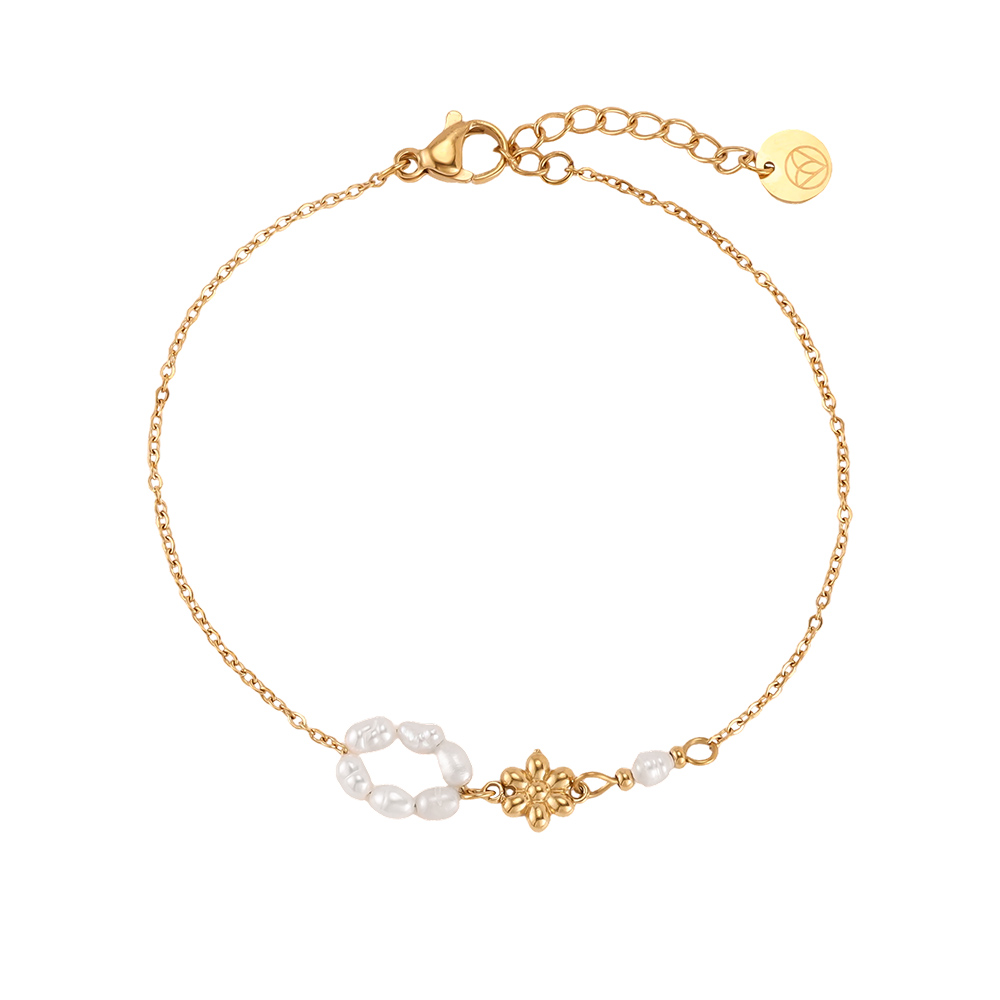 Edelstahl Armband 17cm Perlenring und goldene Blume