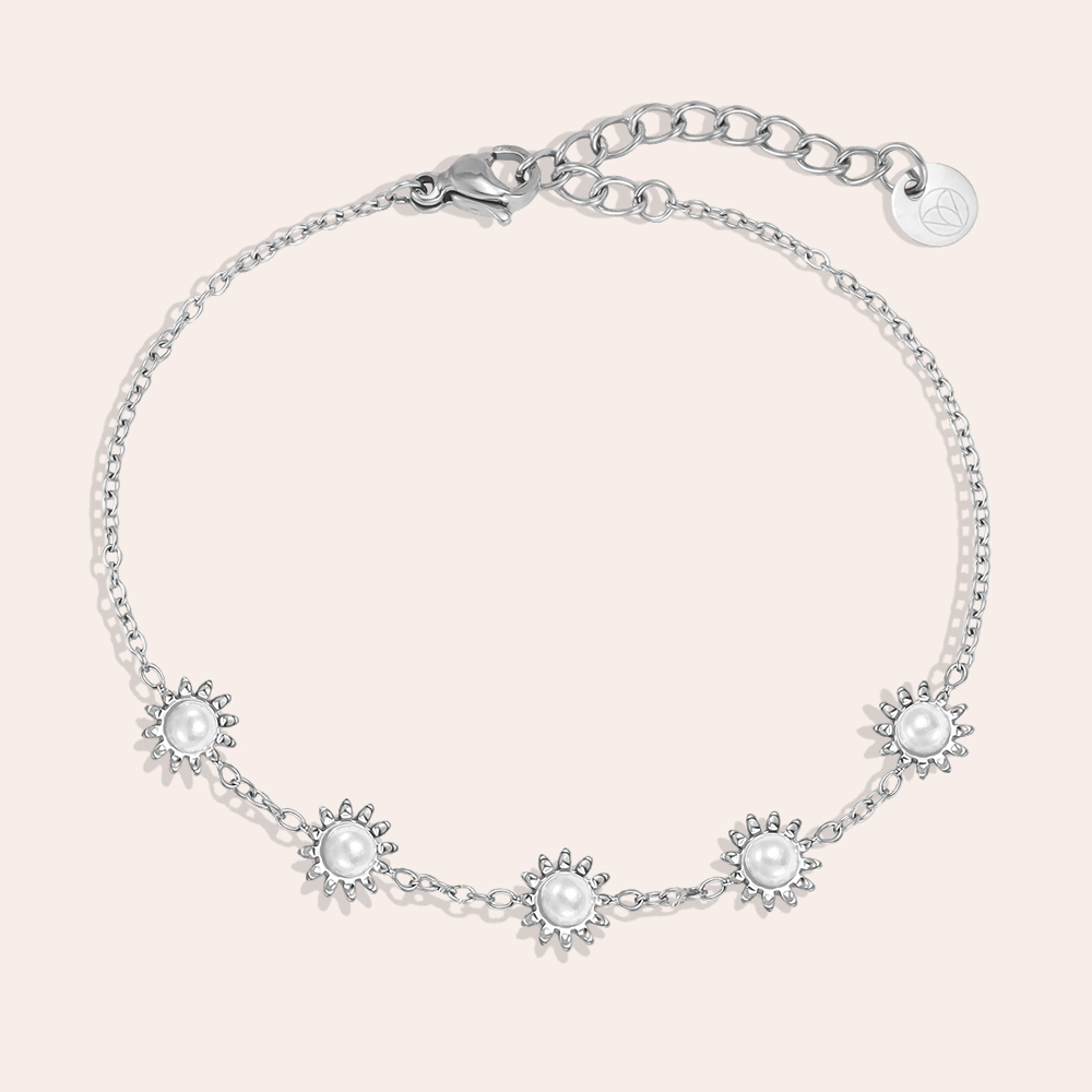 Edelstahl Armband 17cm fünf Sonnenblumen mit Kunstperlen  