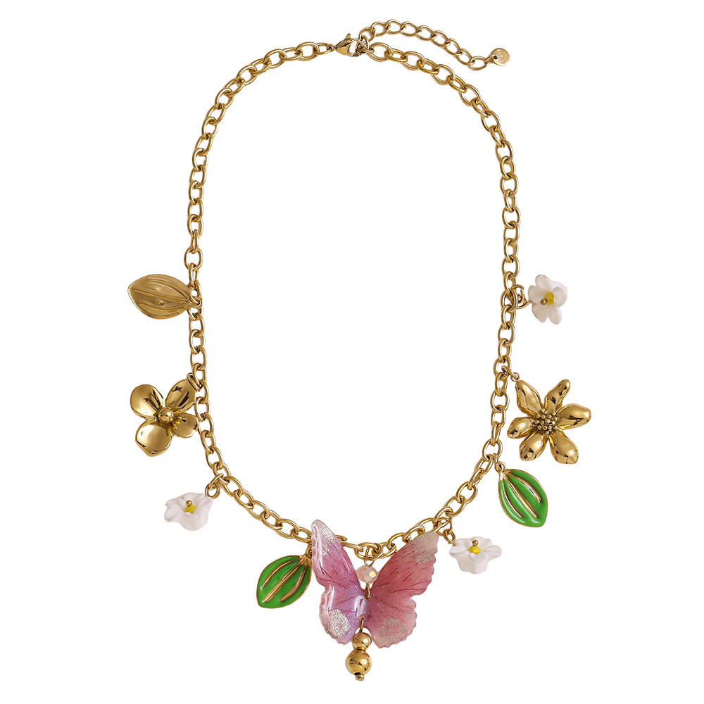42cm Acryl Schmetterling Herz Blüten Edelstahl Halskette 