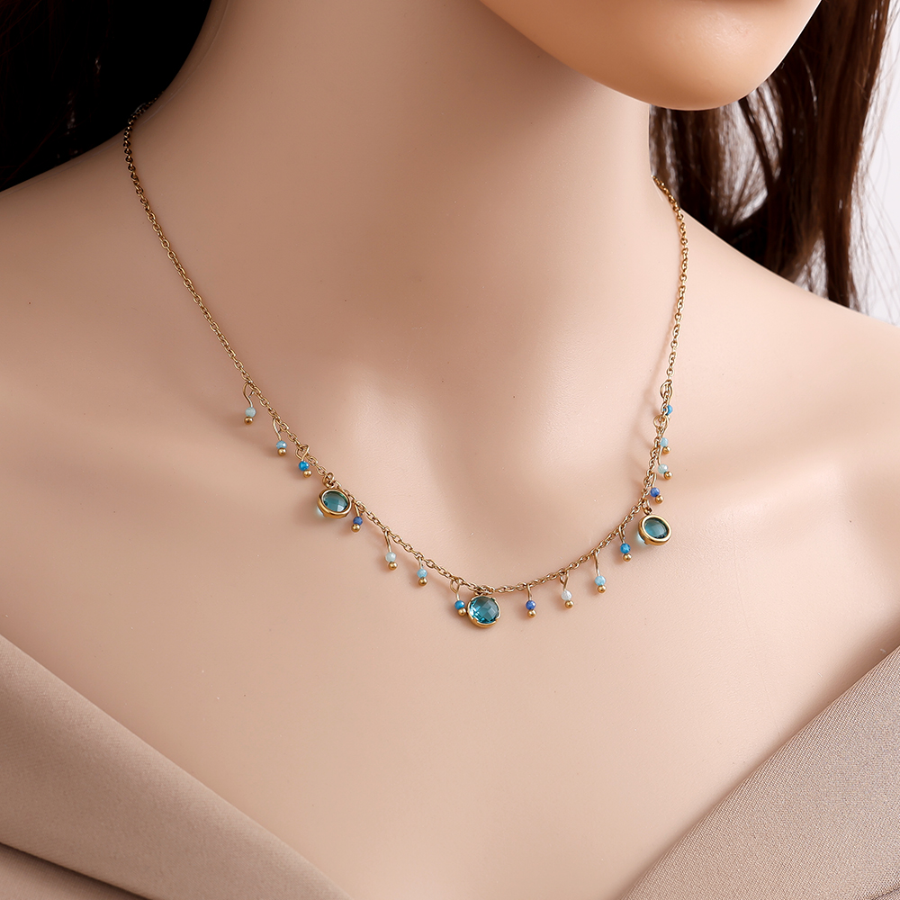 40cm blaue Glasperlen und blaue Kristalle Edelstahl Halskette  