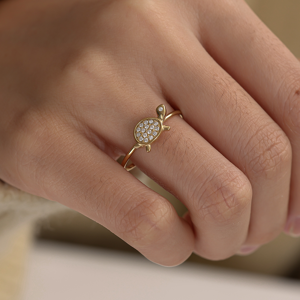 Verstellbarer Strass Schildkröte Edelstahl Ring    