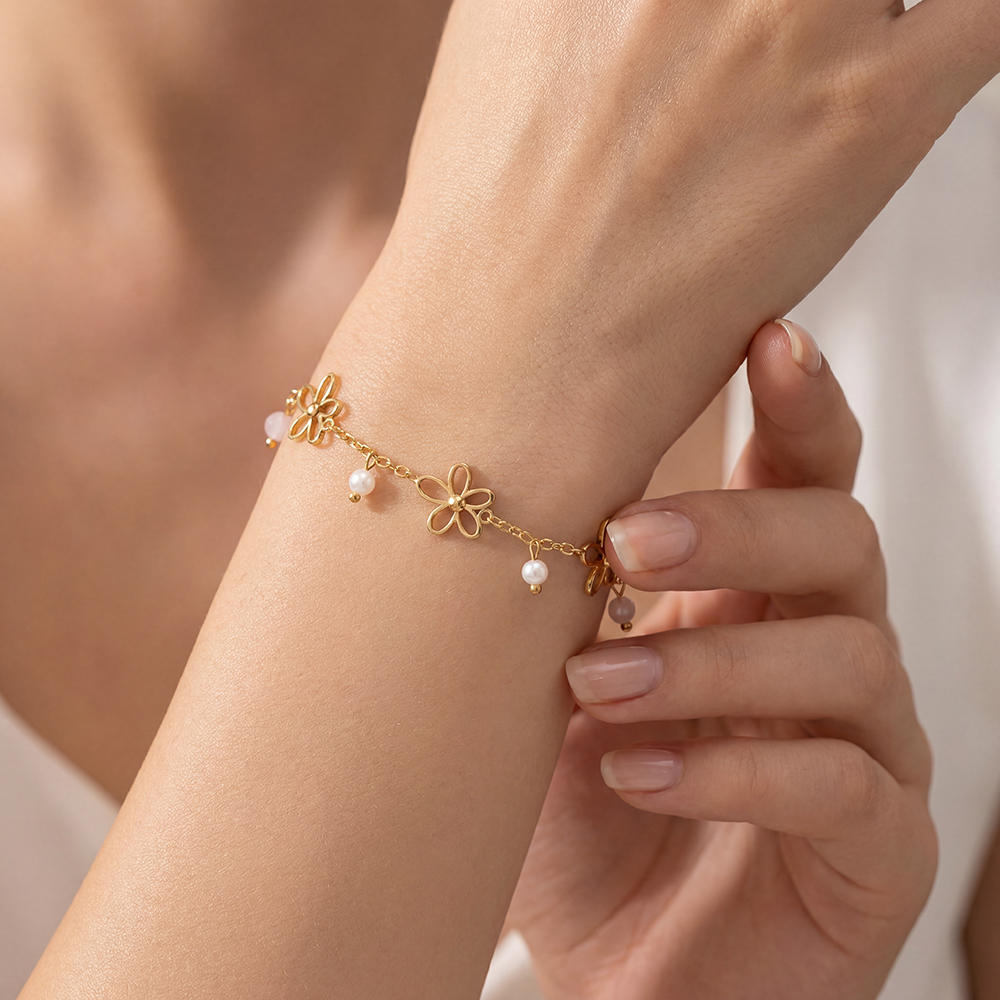 Edelstahl Armband 17cm Einfache Blumen und Perlen