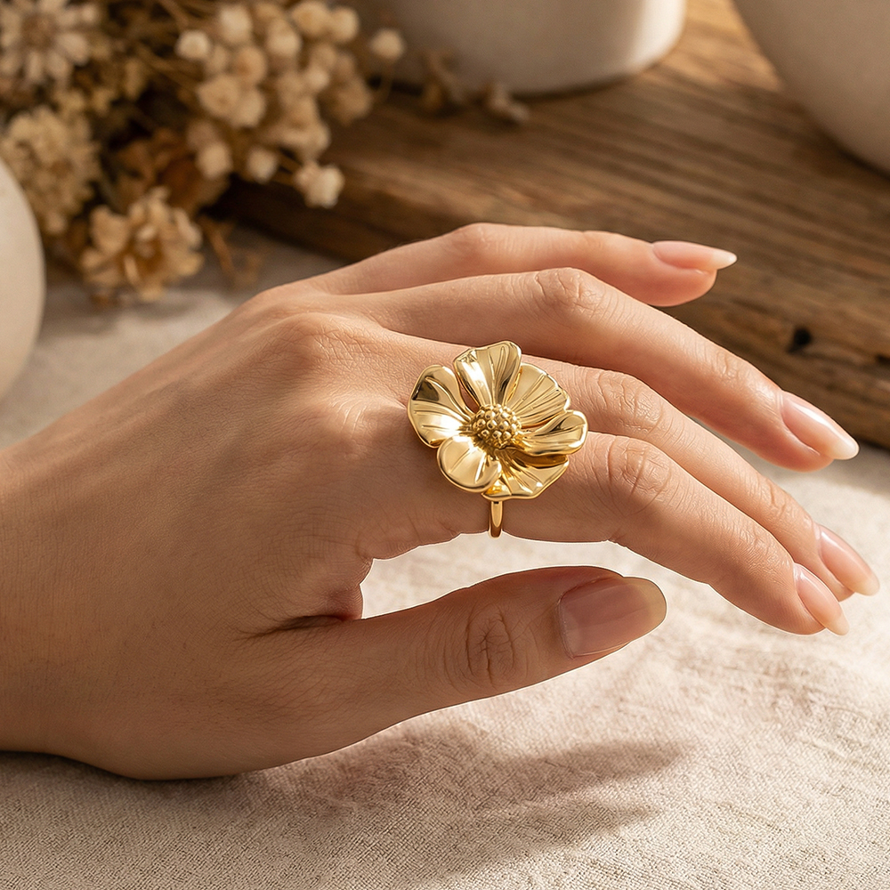 Verstellbarer schöne Blumen Edelstahl Ring        