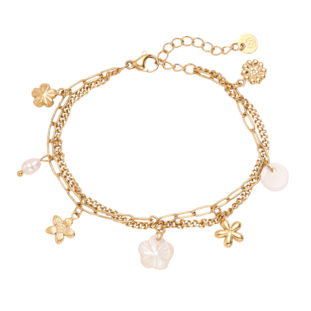 Edelstahl Armband 17cm zweireihiges mit Blumen und Perlen 