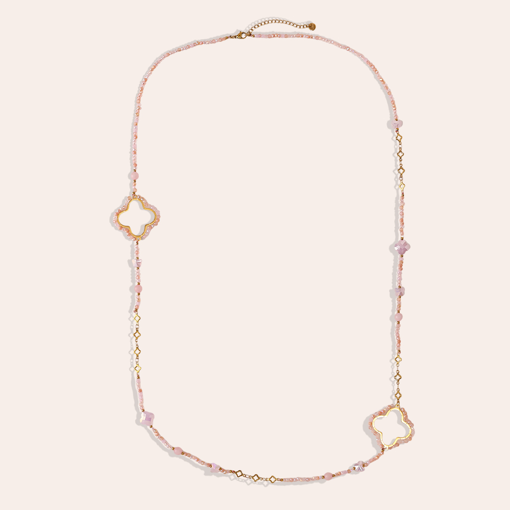 96cm Kleeblatt und Kristallen Edelstahl Halskette    