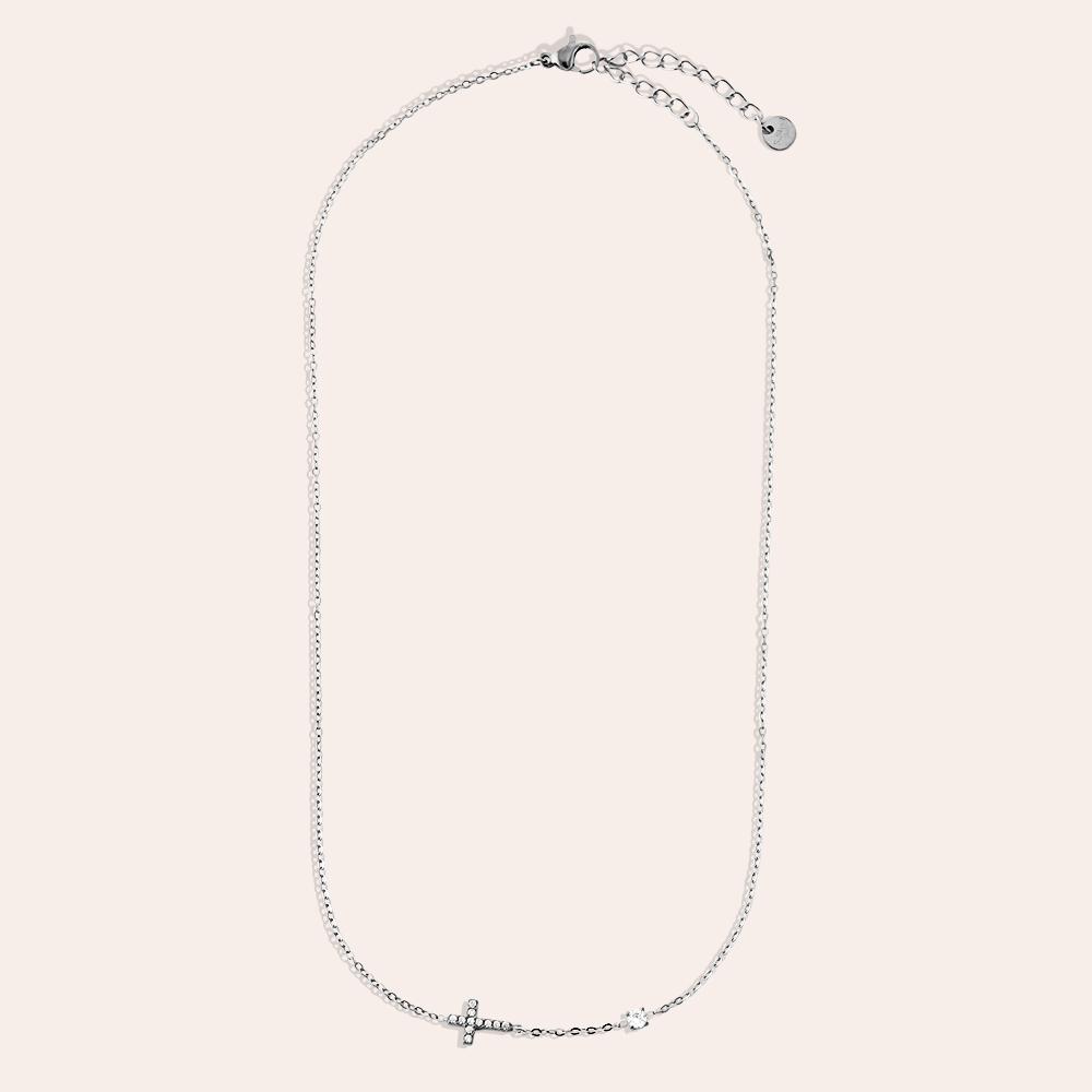 40cm Cross And Diamond Dot Edelstahl Halskette   