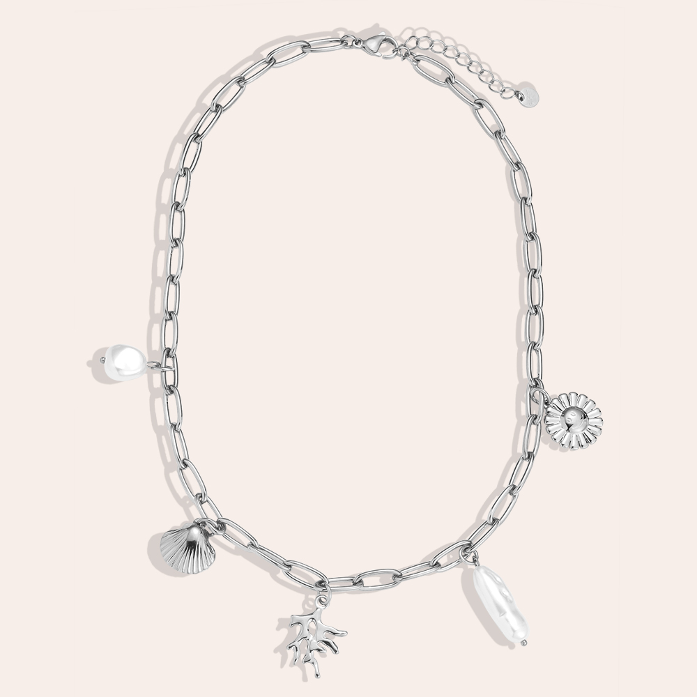 41cm Charm Pearl Shells Edelstahl Halskette