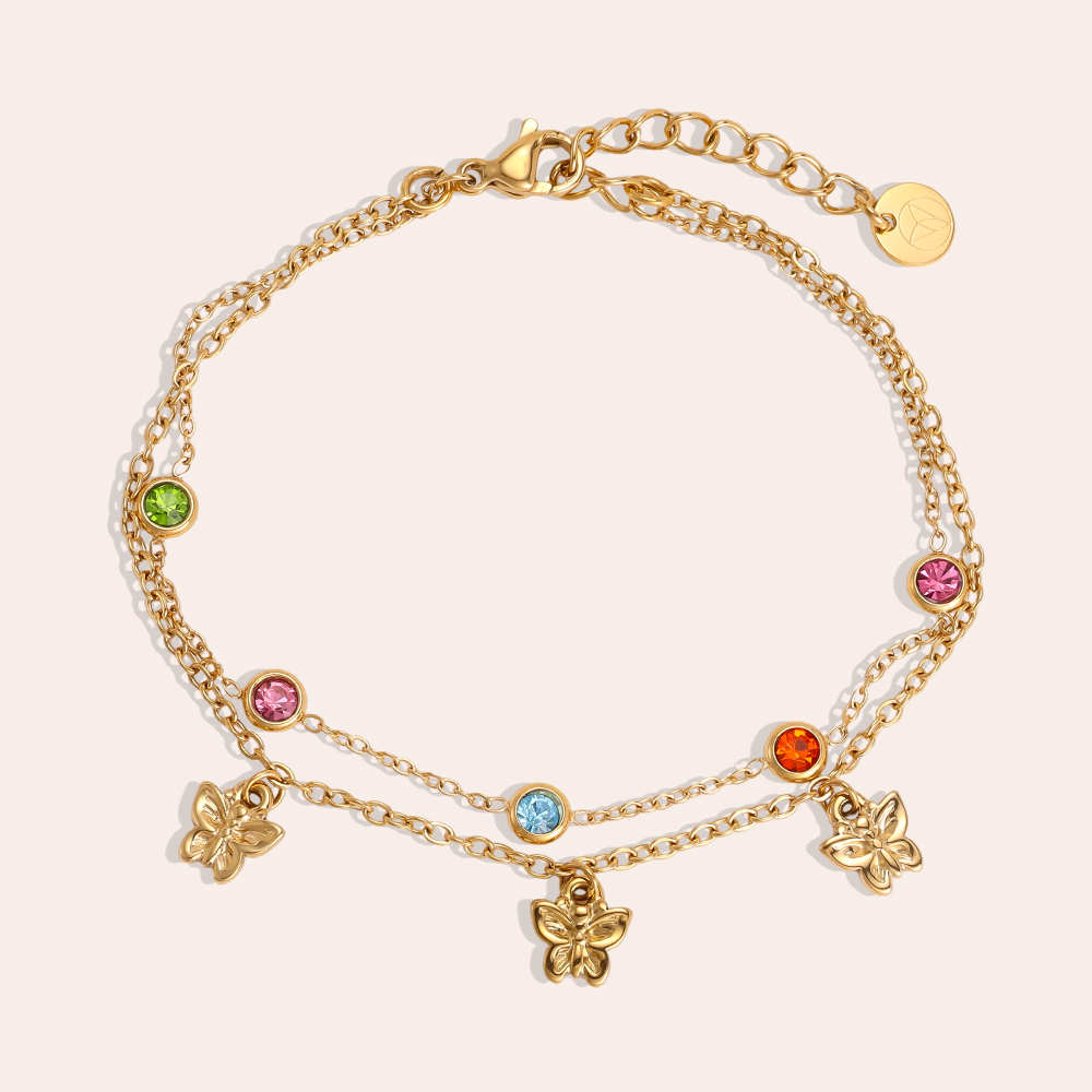 Edelstahl Armband 17cm Schmetterling mit bunten Zirkonia