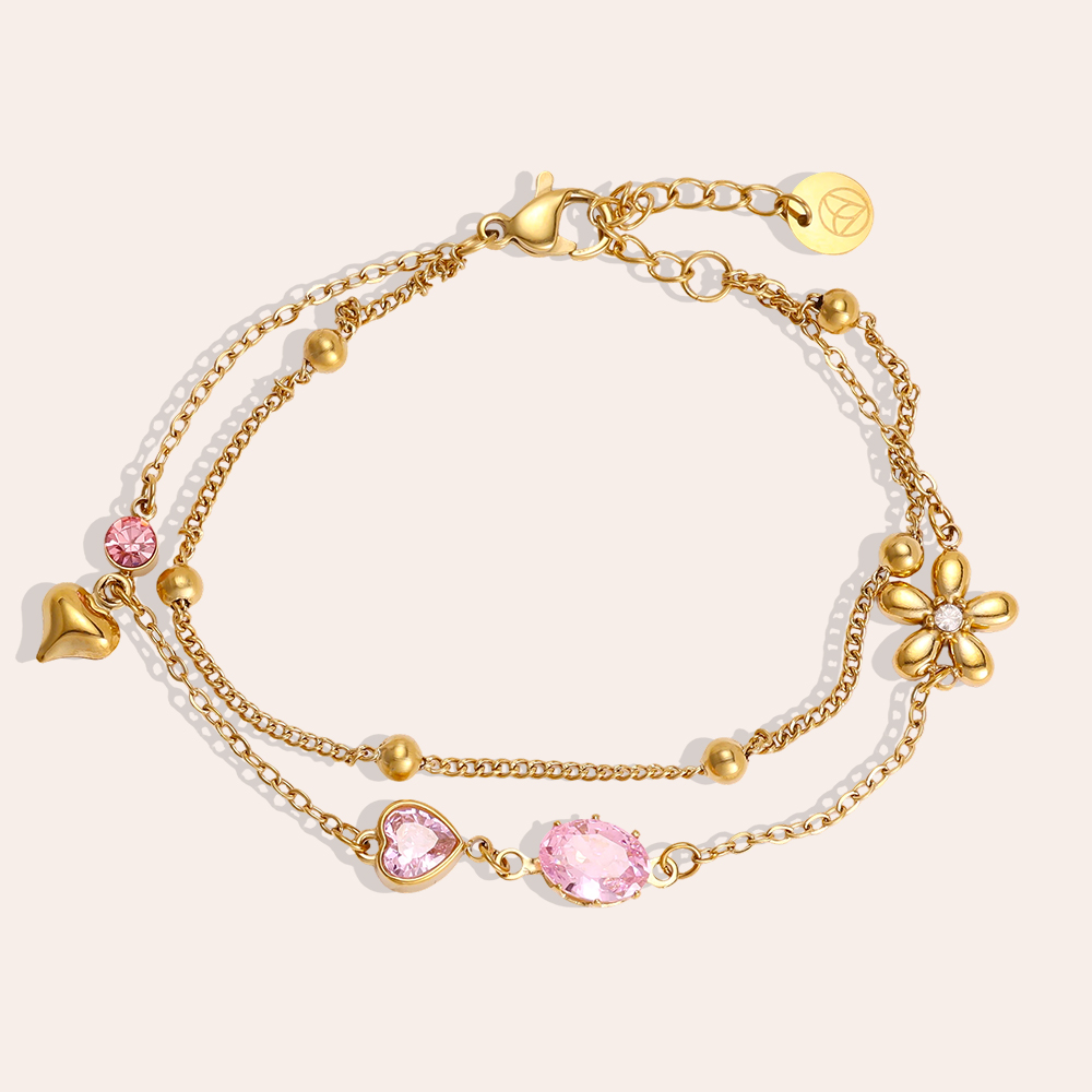 Edelstahl Armband 17cm rosa Zirkonia und goldene Blume