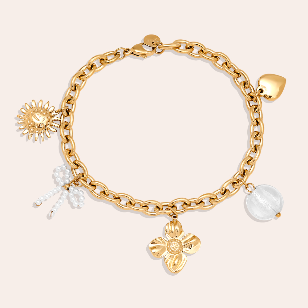 17cm Blume, Schleife und Perle Anhänger Edelstahl Armband
