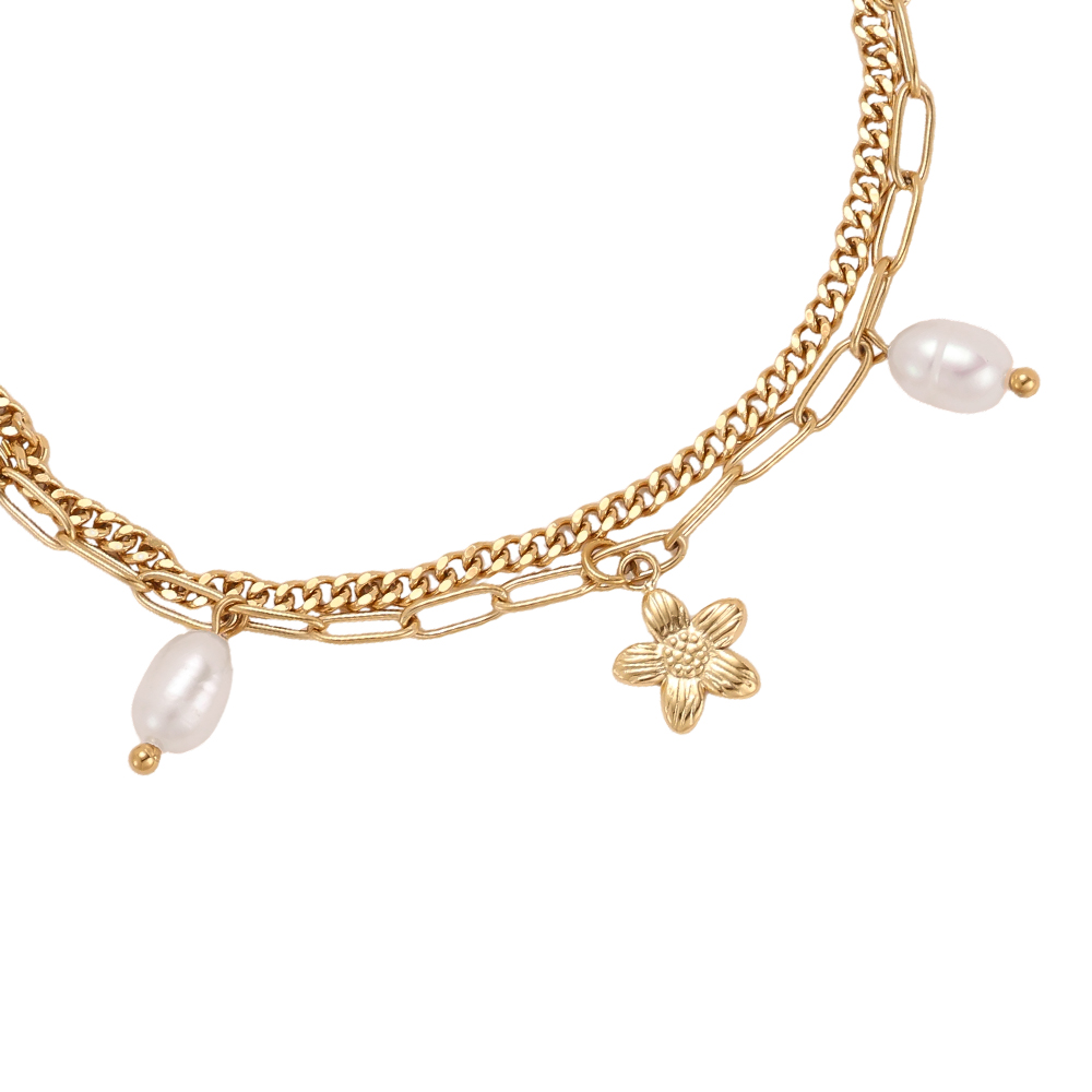 Edelstahl Armband 17cm zweireihiges mit goldener Blume und Perlen