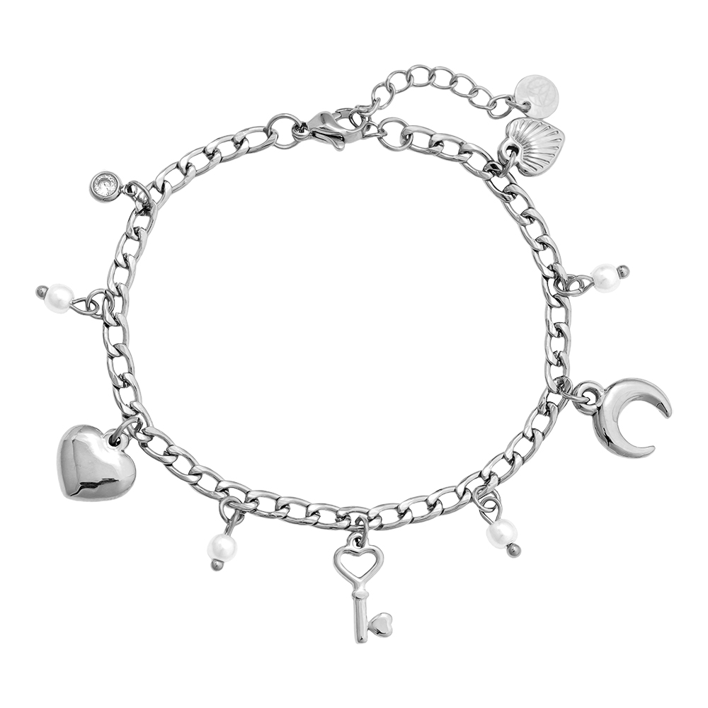 17cm Herz Mond Schlüssel und Perle Edelstahl Armband  