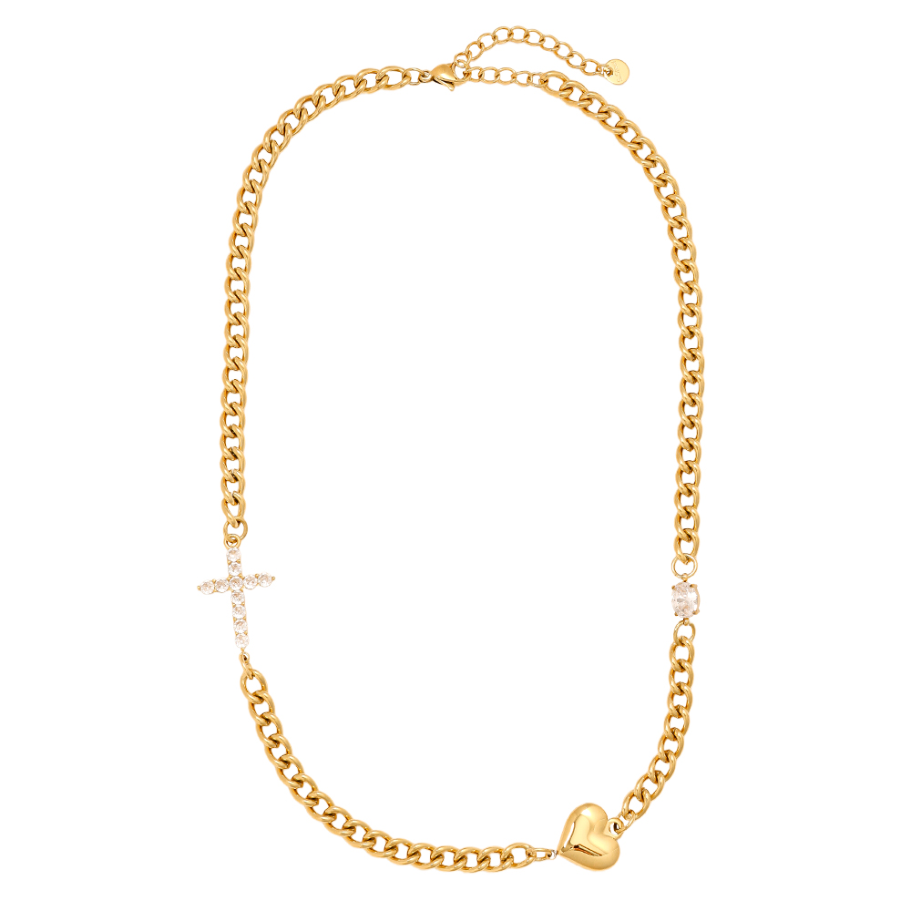 45cm Heart And Diamond Cross Edelstahl Halskette        
