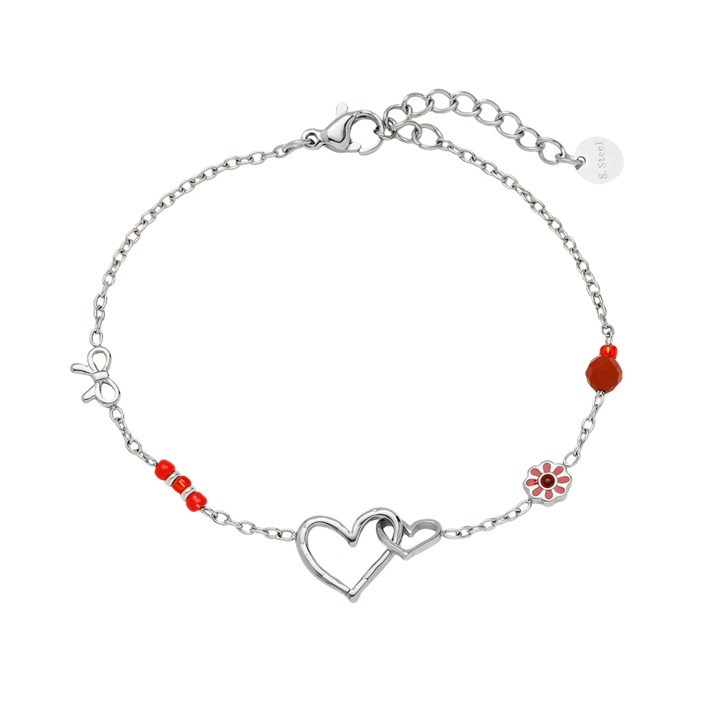 17cm Herz Schleife und rote Blume Edelstahl Armband    