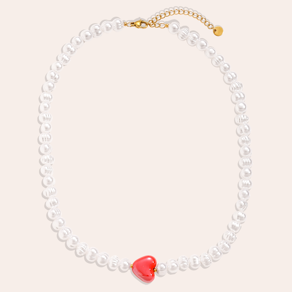 41cm Red Heart In Big Pearl Chain Edelstahl Halskette   
