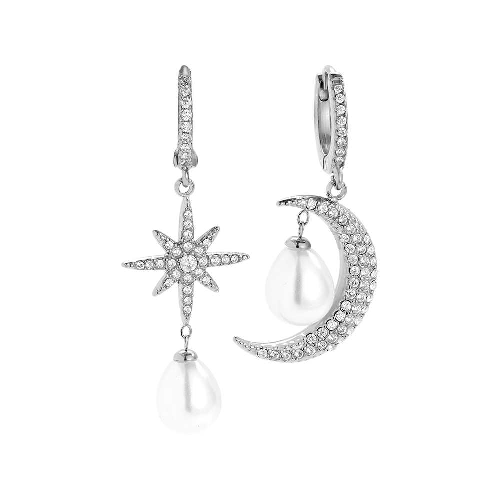 44mm Sparkling Diamond Moon And Star With Pearl Edelstahl Ohrringe             
