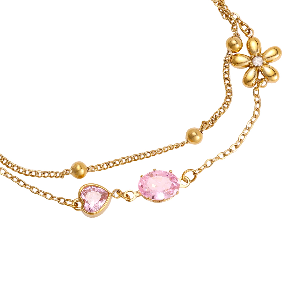 Edelstahl Armband 17cm rosa Zirkonia und goldene Blume