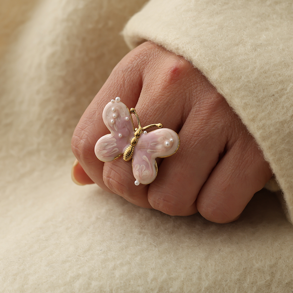 hellrosa Schmetterling Edelstahl Ring      