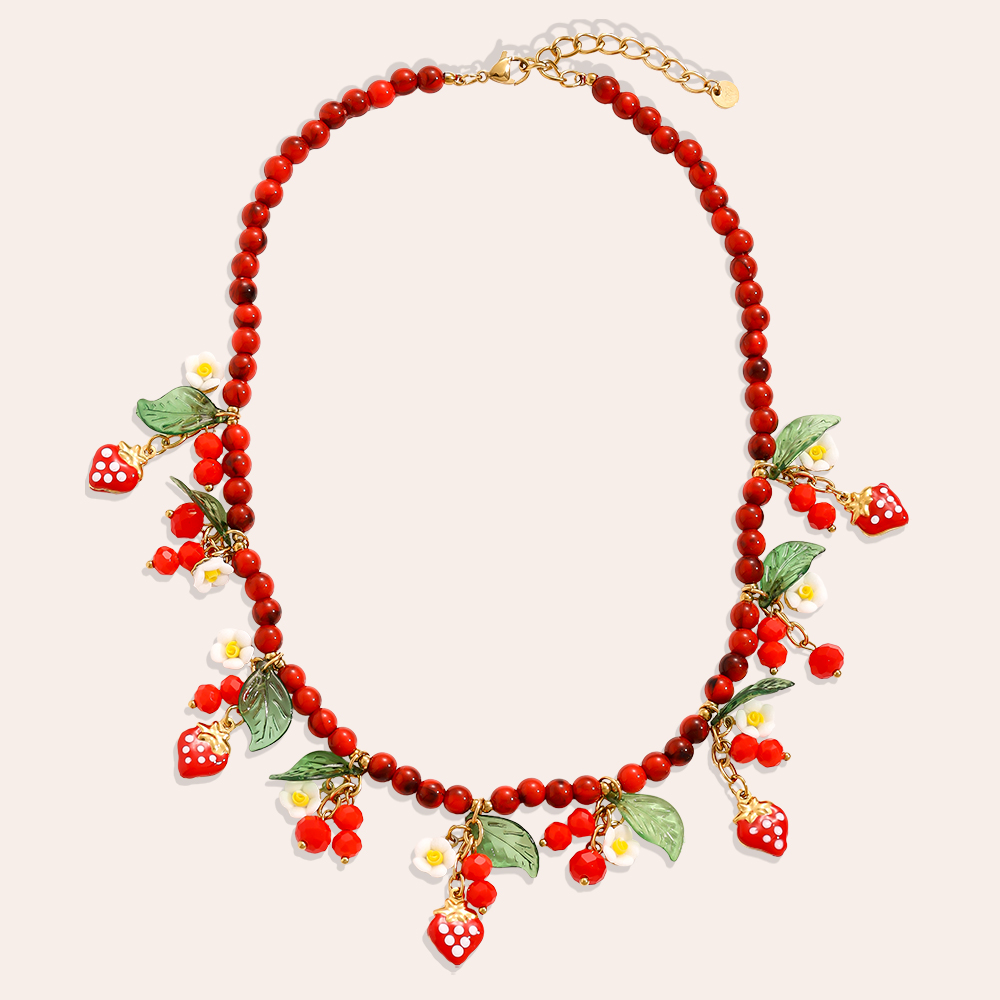 Edelstahl Halskette 42cm Acrylperlen mit Erdbeeren und Blumen