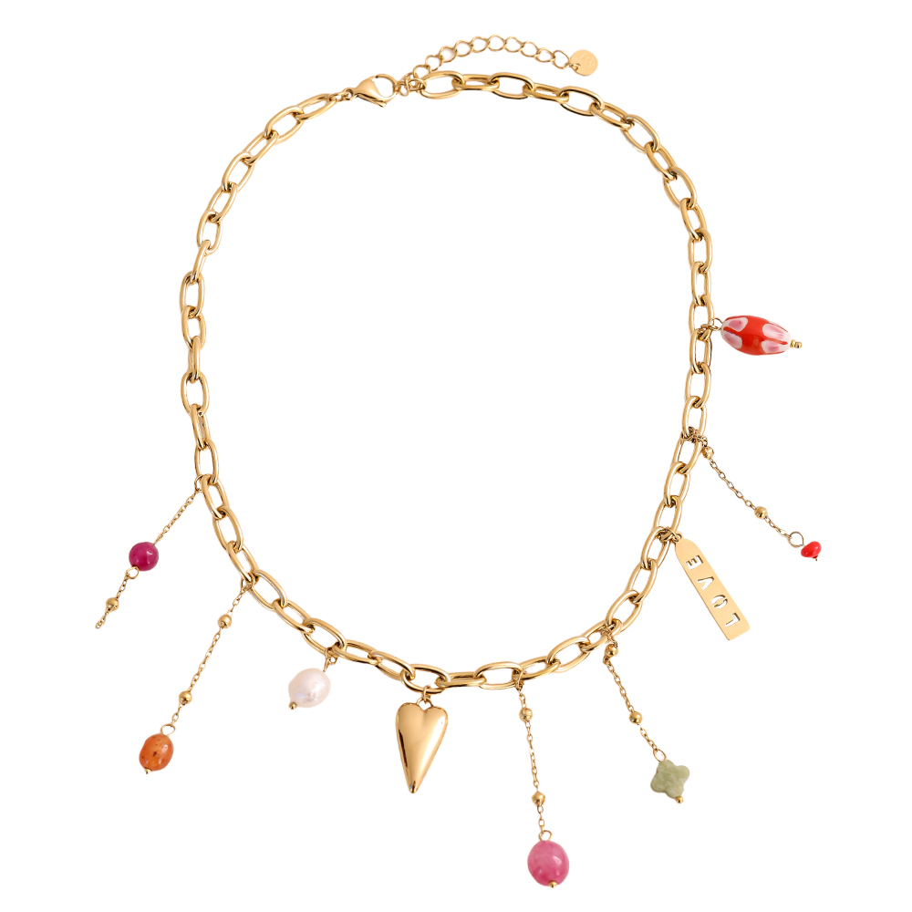 40cm Beads Perlen Herz Love Edelstahl Halskette