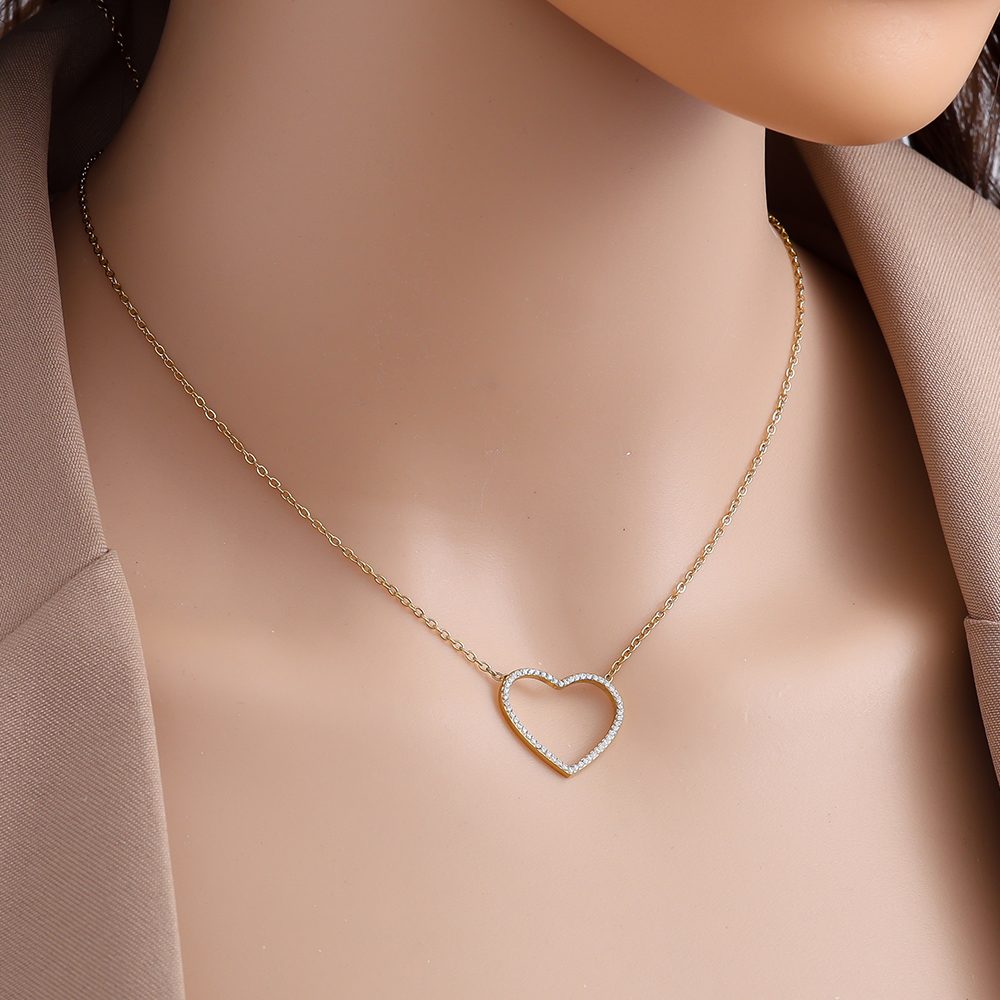 40cm Tiny Diamonds Hollow Heart Edelstahl Halskette      