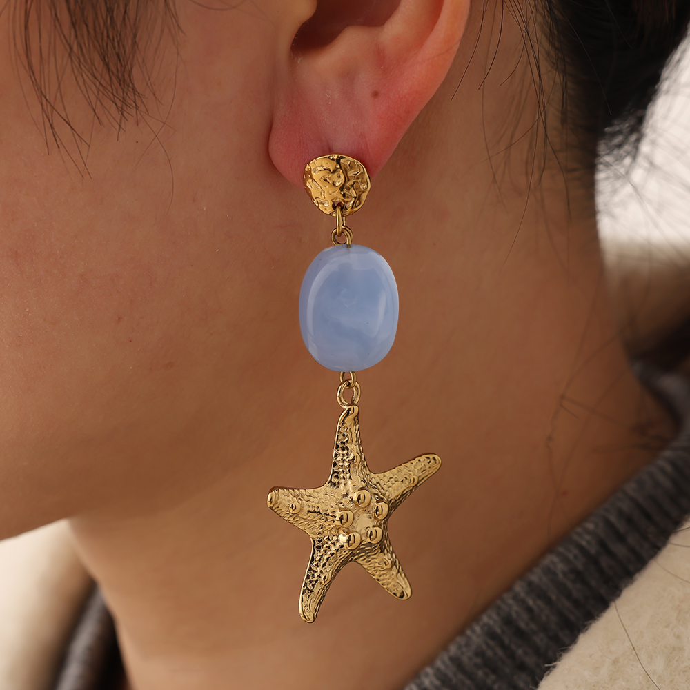 7cm Großer Seestern und grün Acryl Edelstahl Ohrringe     