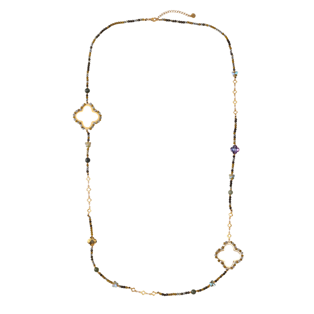 96cm Kleeblatt und Kristallen Edelstahl Halskette    