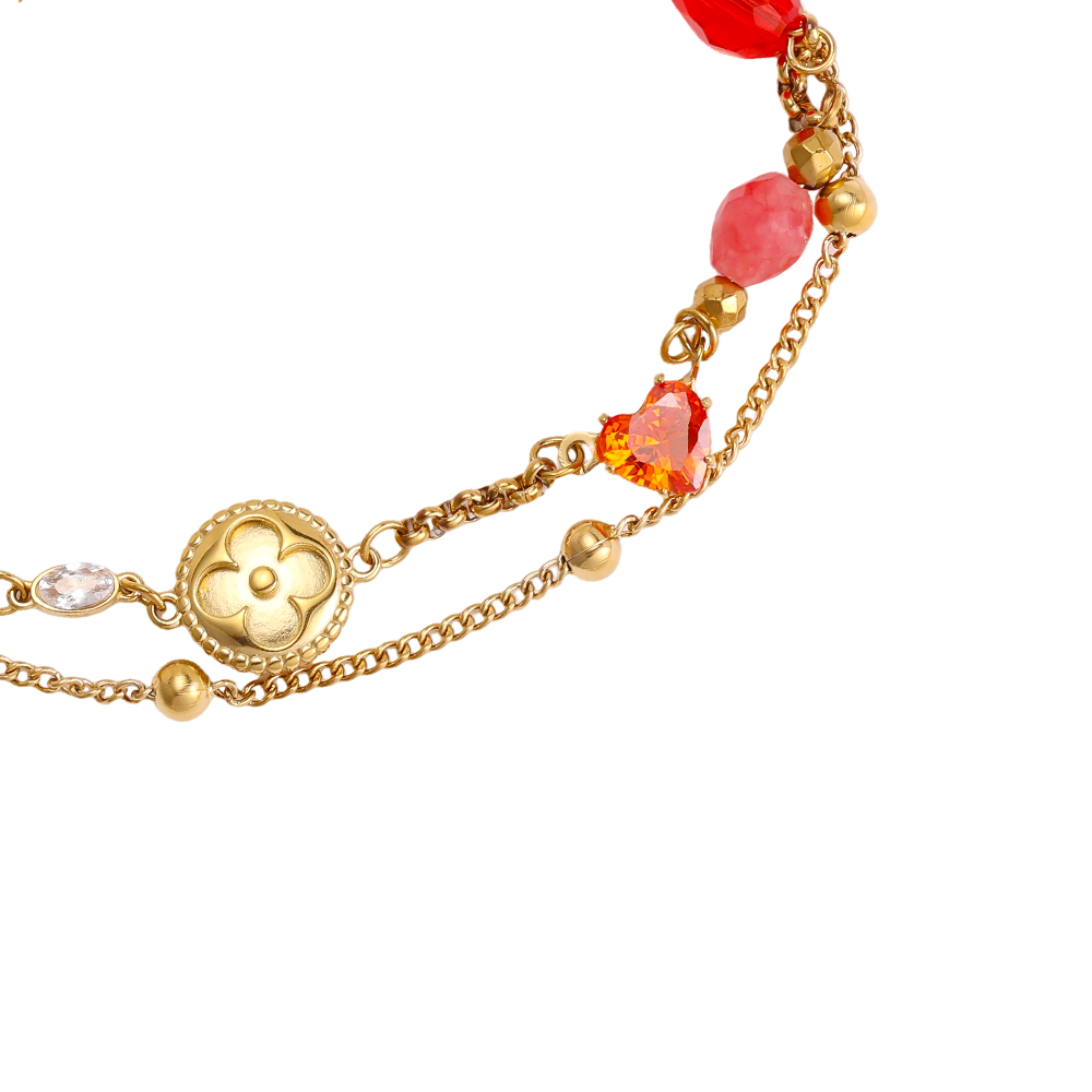 Edelstahl Armband 17cm Herz und rote Kristallperlen