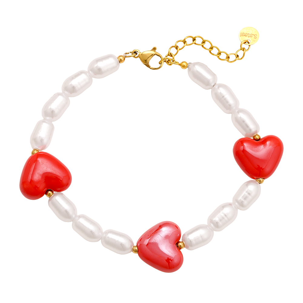 18cm Big Red Heart In Pearl Chain Edelstahl Armkette     