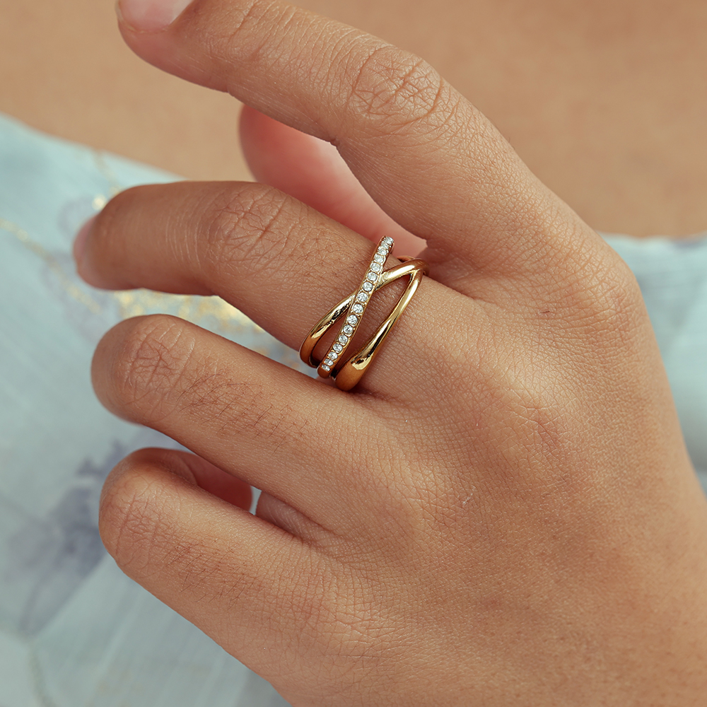 Gekreuzter Strassstein Edelstahl Ring