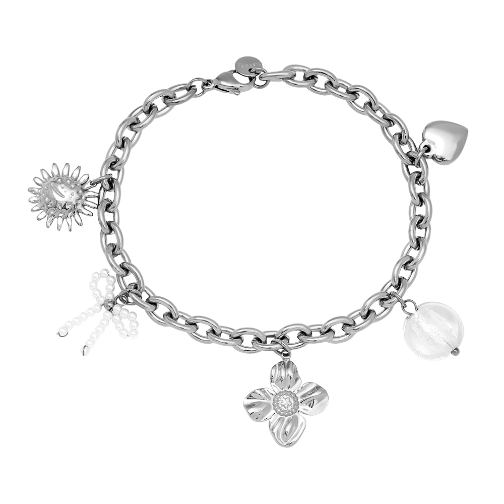 17cm Blume, Schleife und Perle Anhänger Edelstahl Armband