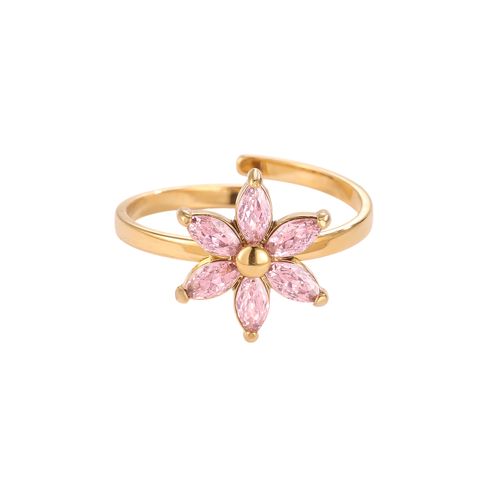 Edelstahl Ring Verstellbarer rosa Zirkonblume
