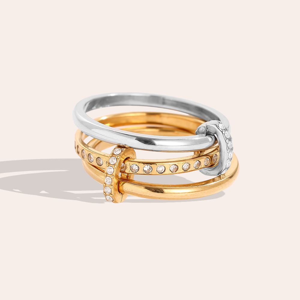 Three Layer Gold And Silver Diamond Ring Set With Lock Edelstahl Ring         