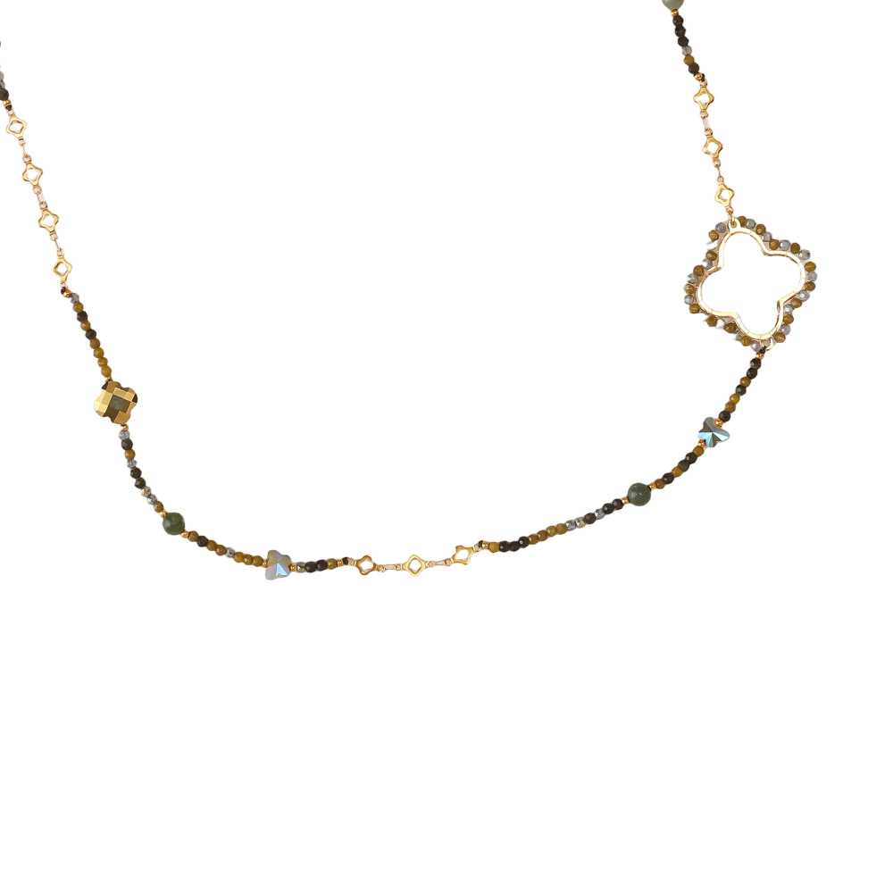 96cm Kleeblatt und Kristallen Edelstahl Halskette    