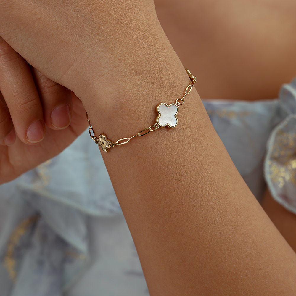 17cm Perlmutt-Vierblattklee-Blume Edelstahl Armband  