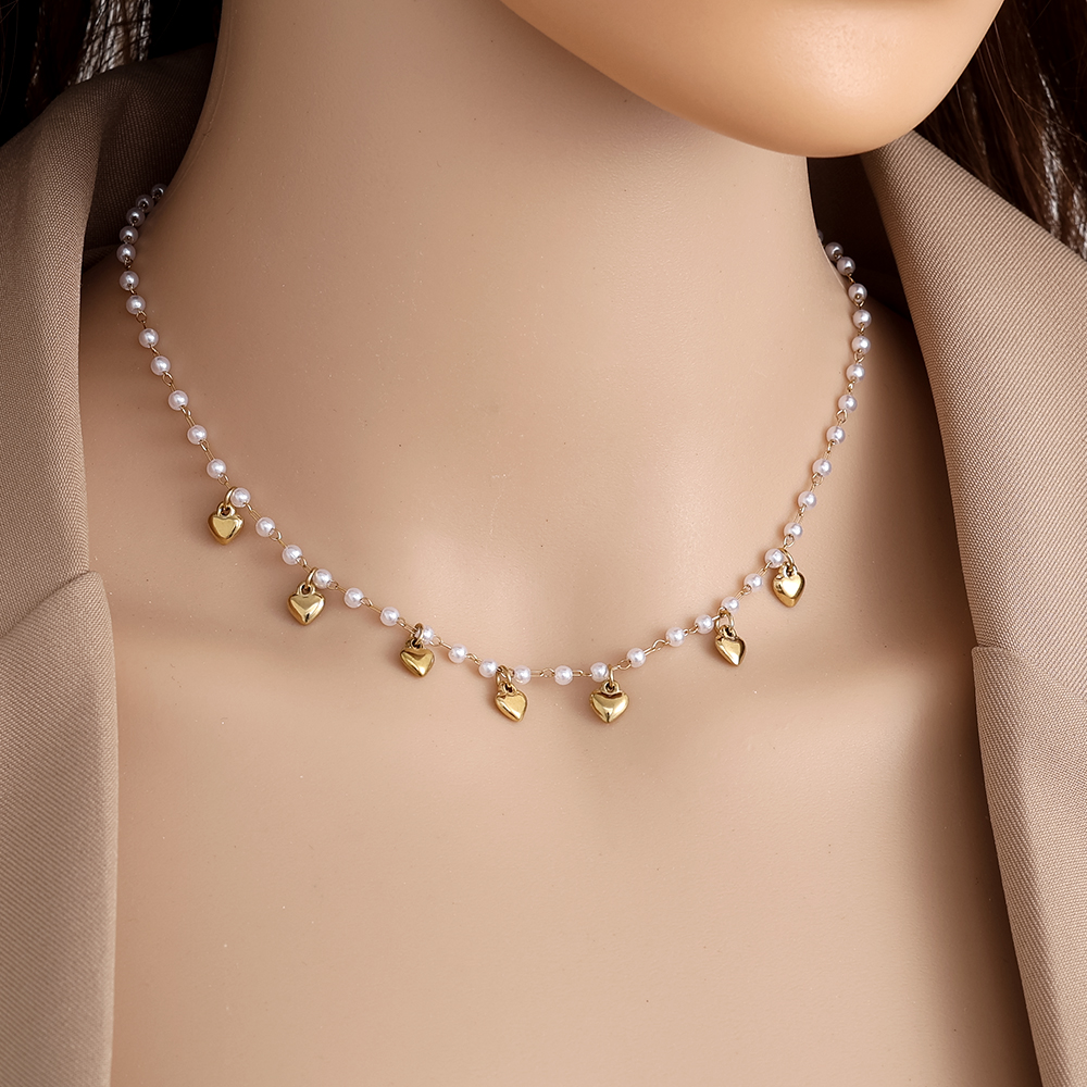38cm Pearl Heart Edelstahl Halskette