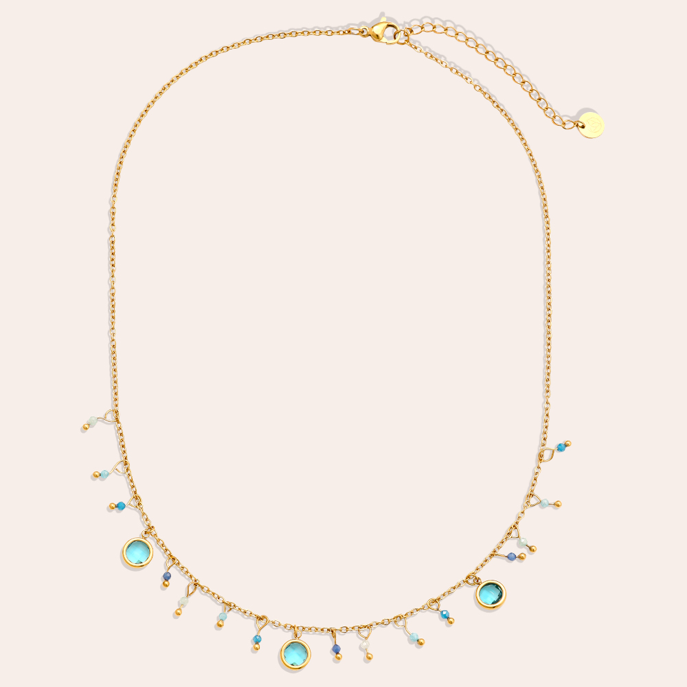 40cm blaue Glasperlen und blaue Kristalle Edelstahl Halskette  