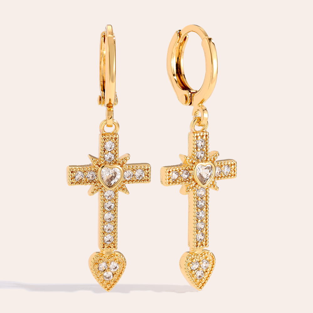 3.9cm Diamond Cross And Heart Vergoldete Ohrringe      