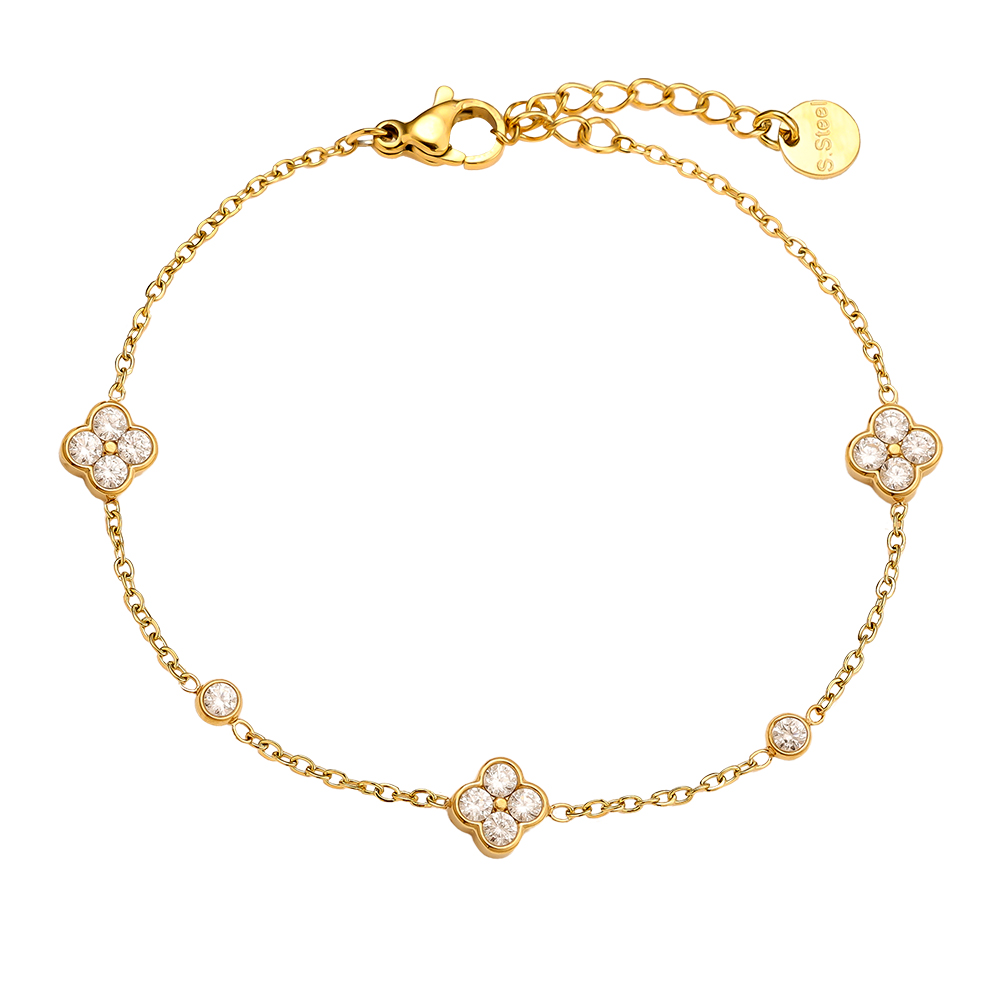 17cm Feines Zirkonia Kleeblatt Edelstahl Armband 