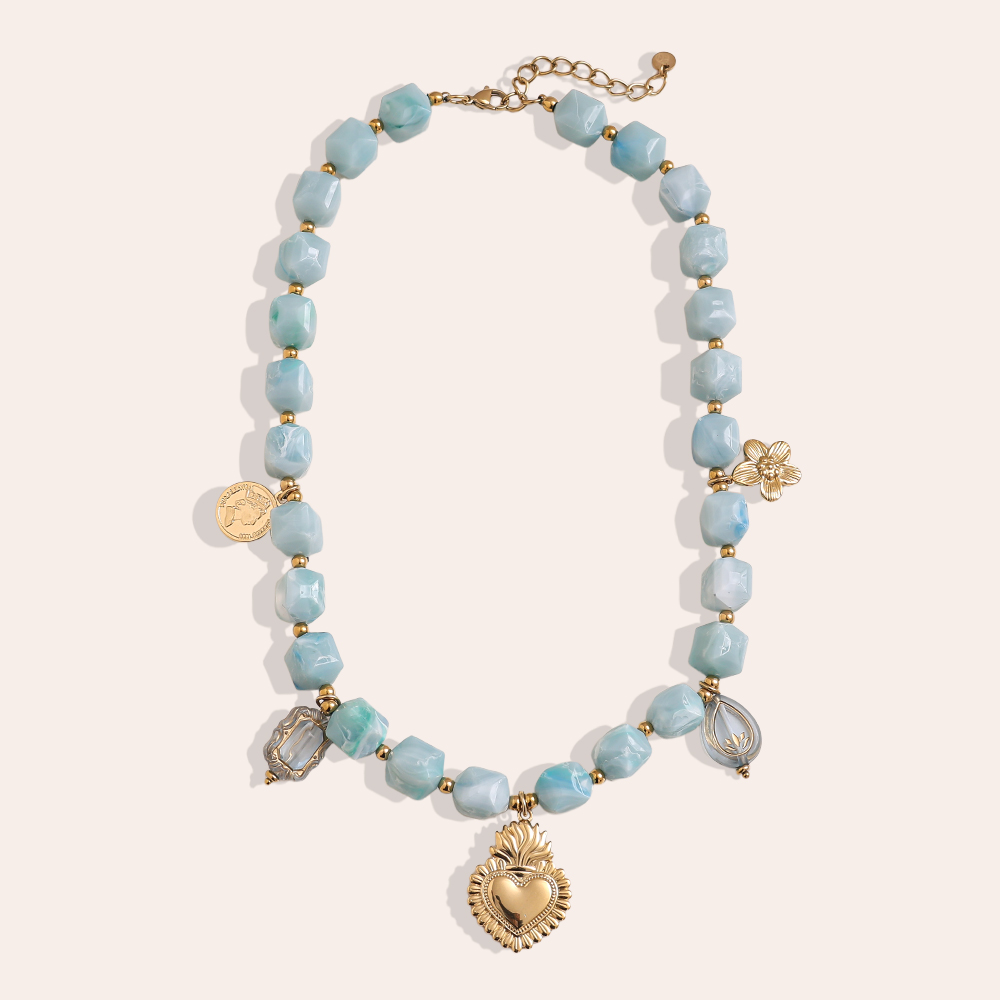 45cm Kettchen mit kleinen Acrylwürfeln und goldenen Blume, Herz Edelstahl Halskette  