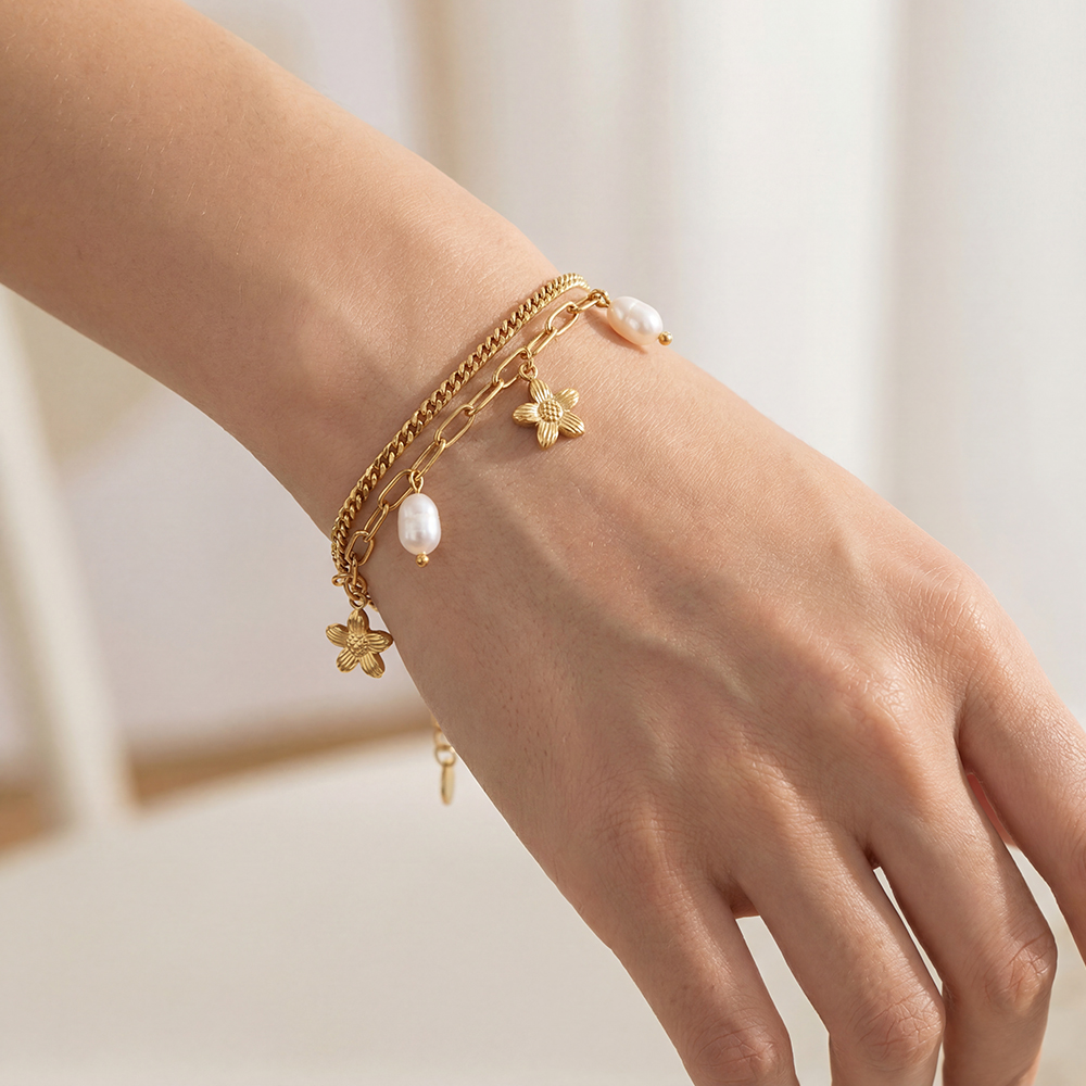 Edelstahl Armband 17cm zweireihiges mit goldener Blume und Perlen