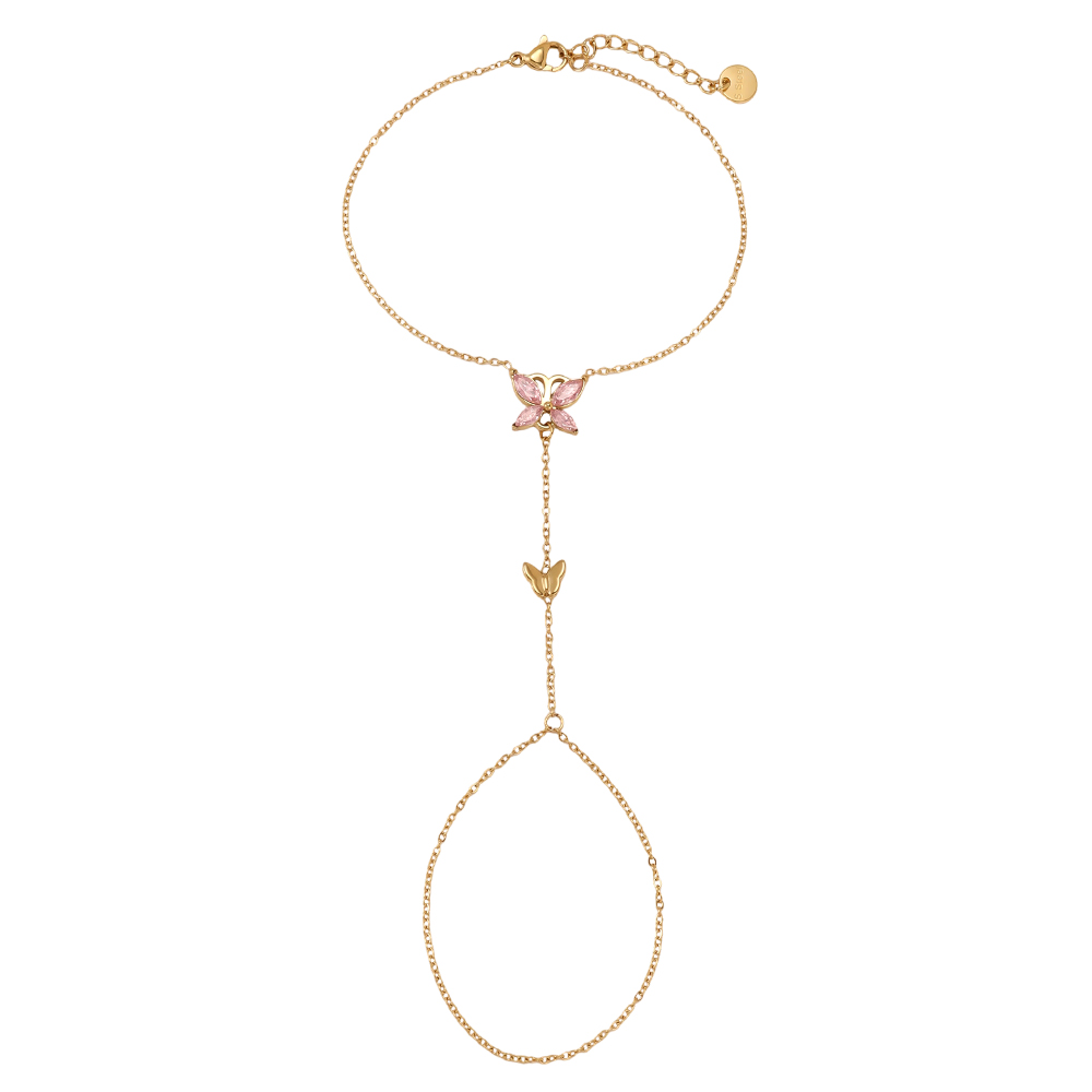 16cm Rosa Zirkonia Schmetterling Handkette Edelstahl Armband    