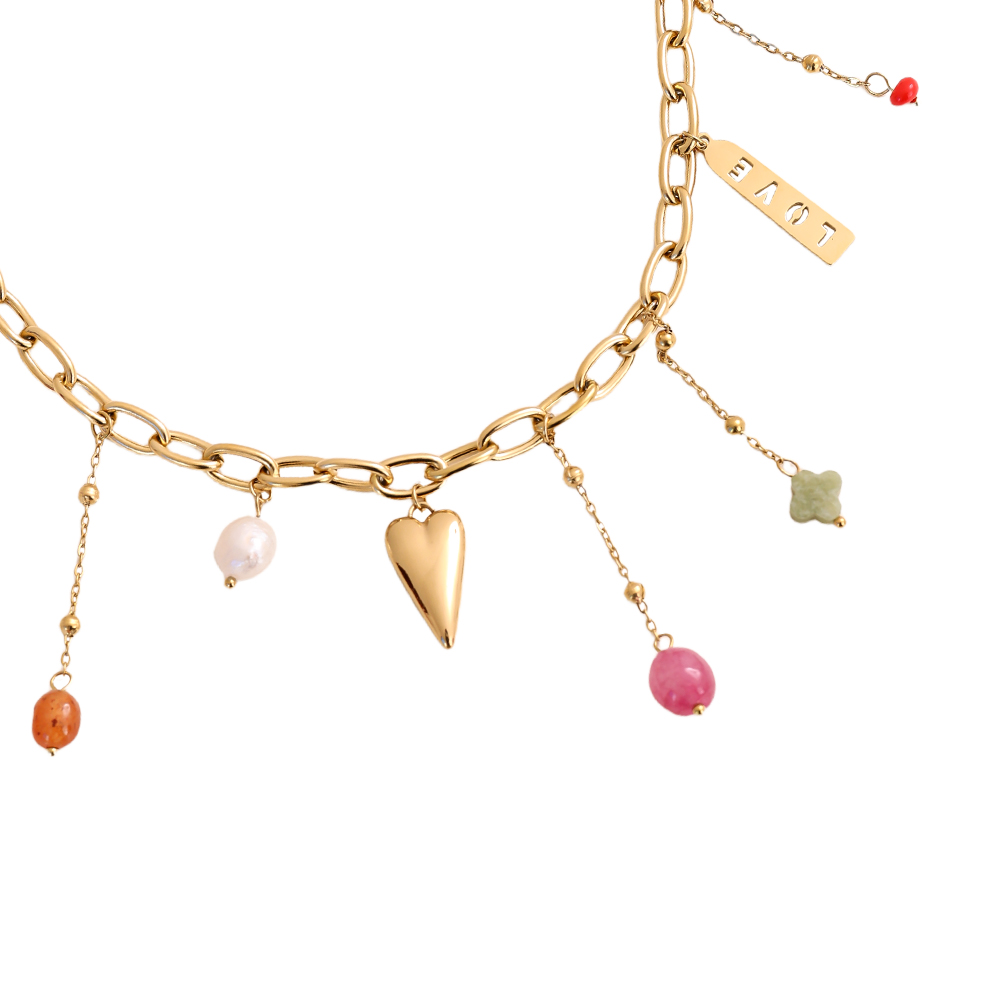 40cm Beads Perlen Herz Love Edelstahl Halskette