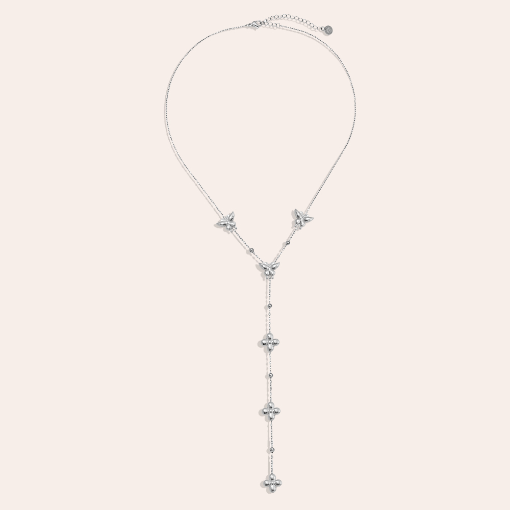 41cm Y-Kette mit Schmetterling und Blumen Edelstahl Halskette    